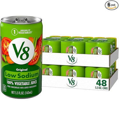 V8 Low Sodium Original 100% Vegetable Juice, Vegetable Blend with Tomato Juice, 5.5 Fl Oz - 8 Count (Pack of 6)