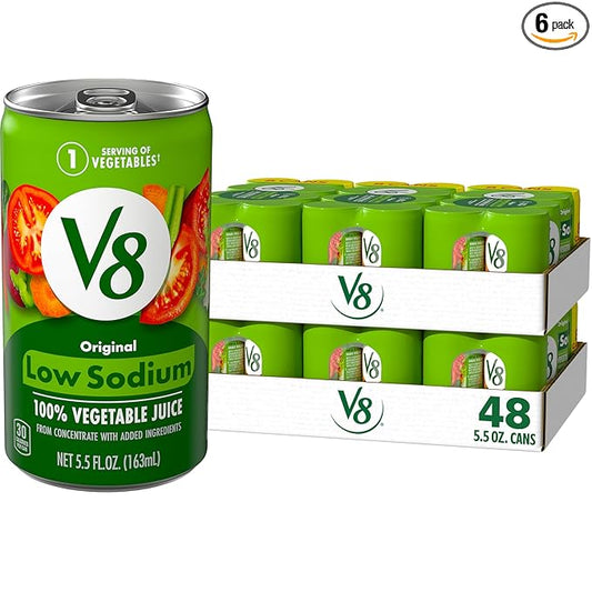 V8 Low Sodium Original 100% Vegetable Juice, Vegetable Blend with Tomato Juice, 5.5 Fl Oz - 8 Count (Pack of 6)