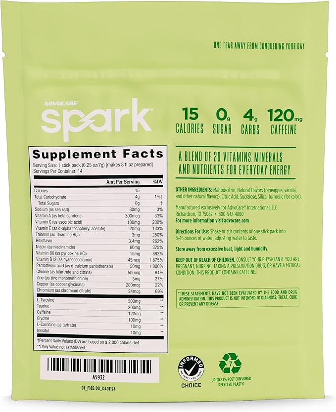 AdvoCare Spark - Energy Drink Mix - Vitamin & Amino Acid Supplement - Supports Energy & Focus - Portable Immune Support - Sugar-Free - Pineapple Whip, 14 Stick Packs (3.5 oz)