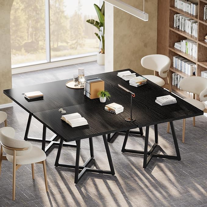Tribesigns 31.5" Square Conference Table Set of 4, 10 ft Industrial Office Meeting Table for 8-10 People, Business Podcast Furniture with Metal Base for Small Spaces, Office Conference, Black