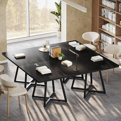 Tribesigns 31.5" Square Conference Table Set of 4, 10 ft Industrial Office Meeting Table for 8-10 People, Business Podcast Furniture with Metal Base for Small Spaces, Office Conference, Black