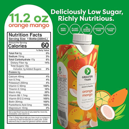 Greater Than Nutrient Hydration Beverage, Electrolyte Drink for Gut Health & Energy with Coconut Water, Vitamins, Gluten Free, Plant Based, Low Sugar, Orange Mango, 24 Pack