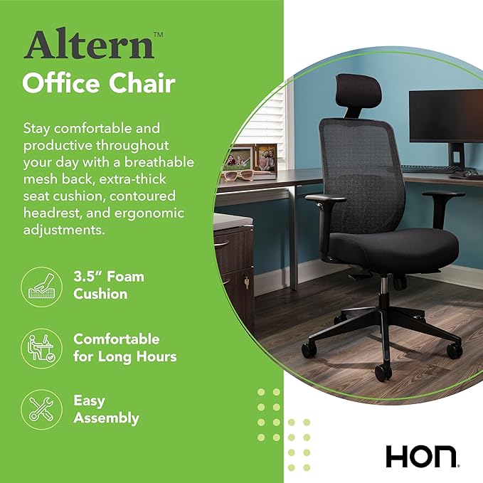 HON Altern Ergonomic Office Chair with Headrest, Arms, Wheels, Foam Cushion Seat, Mid Back Home Office Desk Chair Comfy, Height Adjustable Arms, Synchro-Tilt, Black Frame, Indigo