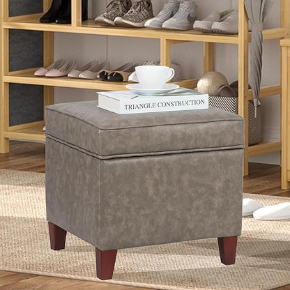 Adeco 17.5" Square Faux Leather Ottoman with Storage - Upholstered PU Foot Rest - Flip Top Footstool with Sturdy Wood Legs, Small Cube Coffee Table Extra Seat for Living Room, Bedroom, Coffee Brown