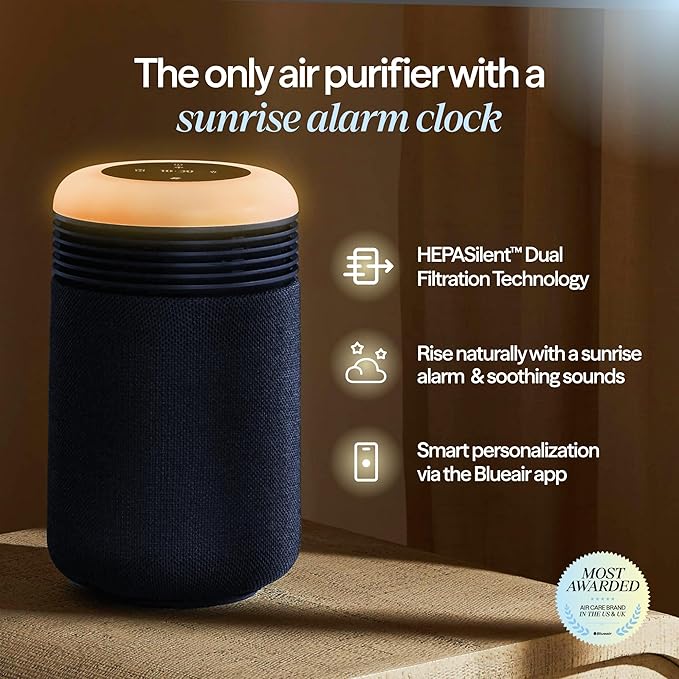BLUEAIR Purifier for Bedroom - Mini Restful - Sunrise Clock with HEPASilent Filtration and Wake Up Light - Cleans Air and Supports Circadian Rhythm - USB-C and App Connectivity, Blue