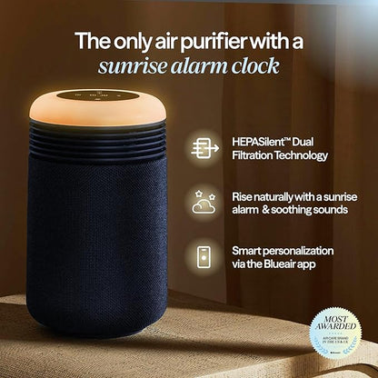 BLUEAIR Purifier for Bedroom - Mini Restful - Sunrise Clock with HEPASilent Filtration and Wake Up Light - Cleans Air and Supports Circadian Rhythm - USB-C and App Connectivity, Blue