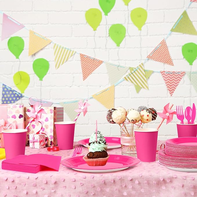 durony 350 Pieces Hot Pink Paper Dinnerware Set 7 Inch 9 Inch Disposable Dinner Plates Serve 50 Guests Paper Cup Cutlery Napkins Solid Color Party Supplies for Birthday Wedding Party Family Picnic