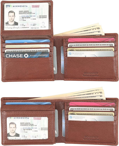 Genuine Leather Mens Bifold Flip ID Wallet RFID Blocking 8 Credit Card Slots 2 ID Window 2 Sections for Bills 3 Additional Slots | Choco