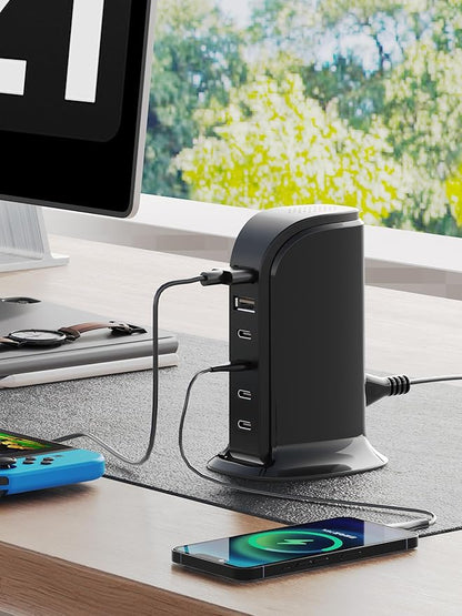 USB Charger, Charging Station for Multiple Devices 65W, Fast Charging Blocks with 4Type C Ports, Dual USB Charging Hub Organizer Multiport for iPhone, Ipad, Smartphones, Travel Accessories (Black)