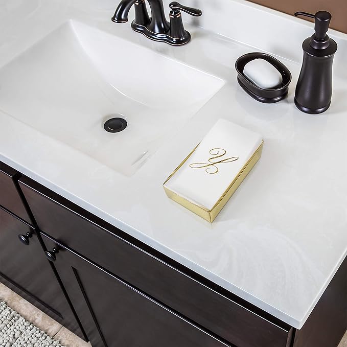 AH AMERICAN HOMESTEAD Disposable Hand Towels for Bathroom 50 Count - Guest Bathroom Essentials -Bathroom Paper Towels - Monogrammed Disposable Napkins - Wedding Napkins in Paper Towel Tray (Gold, W)
