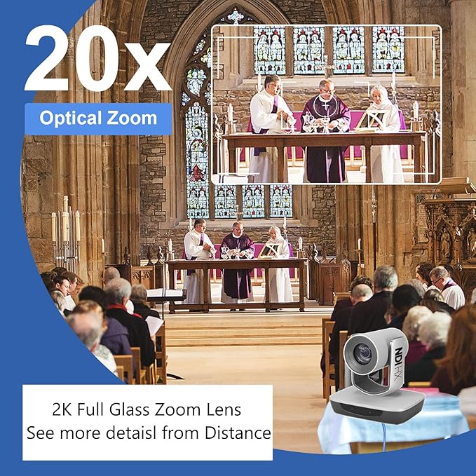 AVKANS NDI Camera, 20X Zoom 3G-SDI HDMI PTZ USB Web Camera with USB Video Output for Church Worship Live Events, PoE IP Livestream Video Camcorder for Video Production