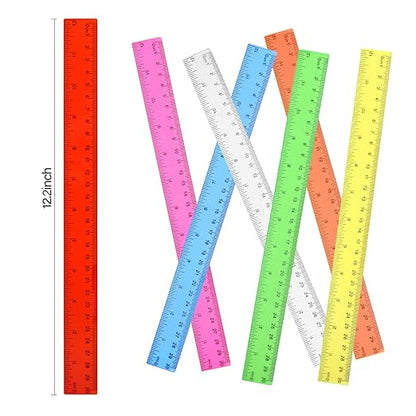 Clear Plastic Ruler 12 Inch Straight Rulers, Bulk Assorted Colors, Shatterproof Ruler with Inches and Centimeters for School Classroom, Home, or Office (8 Pack)