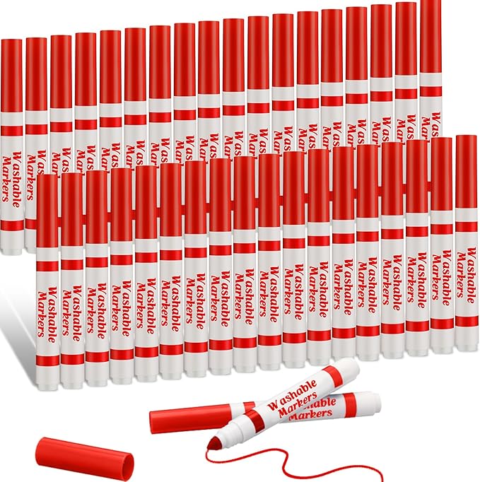 Janlaugh 36 Pcs Red Washable Markers Bulk Coloring Broad Line Markers for Kids Red Conical Tip drawing pen for School Supplies, travel Art baby shower gender reveal party Supplies, Ages 6+
