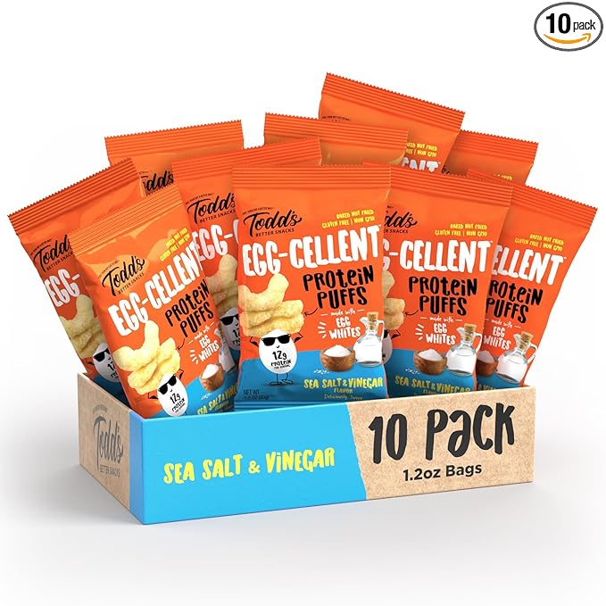 Todd's Better Snacks Egg-Cellent Protein Puffs, Sea Salt & Vinegar – 12g Protein, Gluten-Free, Paleo-Friendly, Baked, GLP-1 Compliant – Healthy Snack, Made with Egg Whites – 1.2 Oz (Pack of 10)