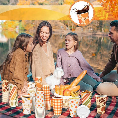 Umigy 120 Pack Fall Paper Coffee Cups 16 oz Thanksgiving Paper Hot Cup Disposable with Lids and Stirrers Beverage Drinking Cup with 6 Designs for Juice Water Coffee Tea for Home Shops