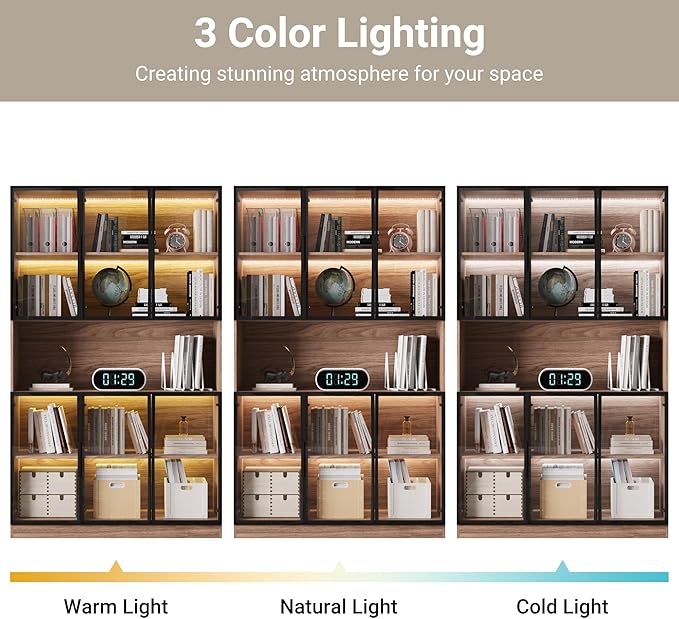 78.7" H Display Cabinet with 6 Glass Doors and Lights, Storage Cabinets Modern Bookcase with Hutch for Collectible, Display Case/Glass Curio Cabinets for Living Room,Walnut