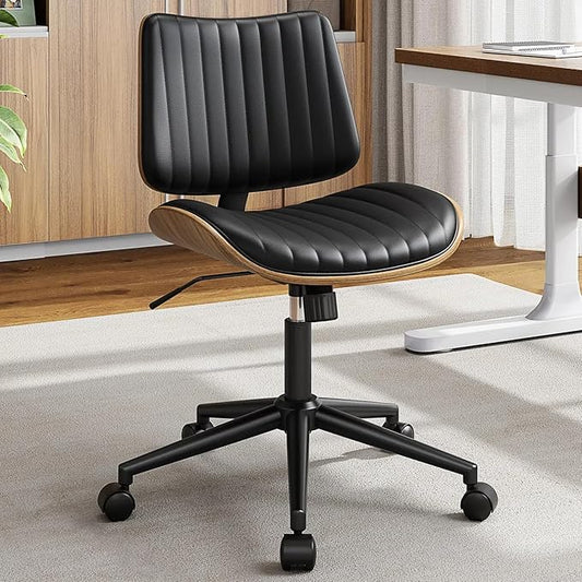 Armless Office Chair, Mid Century Modern Desk Chair with Walnut Wood Back & SGS Level 3 Gas Lift, Swivel PU Leather Computer Chair for Small Space, Home Office, Bedroom, 300lbs Cap, Black
