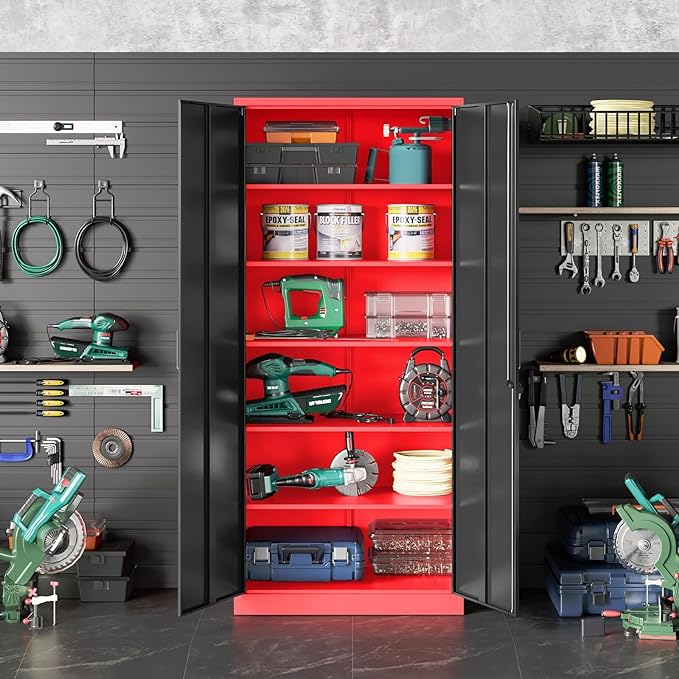 Wide & Deep Metal Storage Cabinet with 6 Shelves,72" Tall Red Garage Storage Cabinet with Lock,Metal Cabinets with Locking Doors,Lockable Steel Cabinets for Home,Office,Shop,Garage,72x36x18