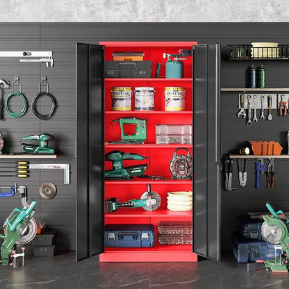 Wide & Deep Metal Storage Cabinet with 6 Shelves,72" Tall Red Garage Storage Cabinet with Lock,Metal Cabinets with Locking Doors,Lockable Steel Cabinets for Home,Office,Shop,Garage,72x36x18