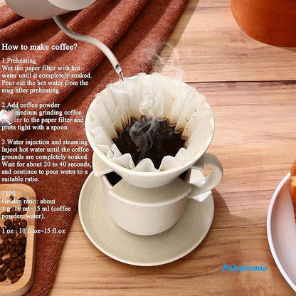 Pour Over Coffee Maker, with 50 PCS Basket Coffee Filters, 310 ml/10 oz Mug with Saucer & Coffee Dripper, Ceramic, Off-white