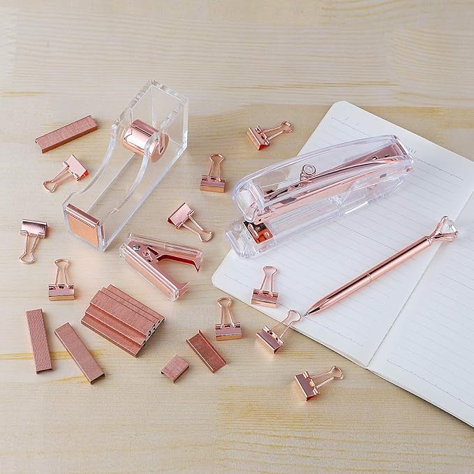 KIDMEN Rosegold Desk Accessory Kit,Set of Stapler, Staple Remover,1000pcs Staples,Tape Dispenser,Big Diamond Ballpoint Pen and 10pcs Binder Clips