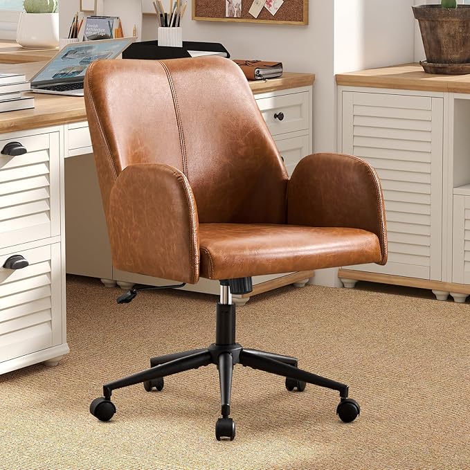 Furniliving Home Office Desk Chair, Ergonomic Leather Office Chair with Wheels, Comfortable Rolling Task Chair Adjustable Height, Brown