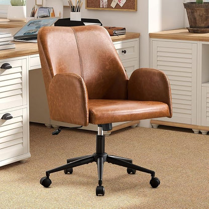 Furniliving Home Office Desk Chair, Ergonomic Leather Office Chair with Wheels, Comfortable Rolling Task Chair Adjustable Height, Brown