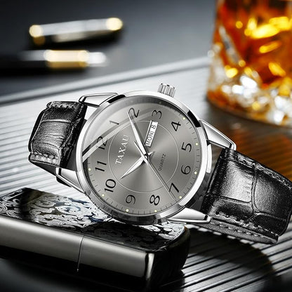 Men's Watch Big Face Easy Read Arabic Numeral Dress Watches for Men Classic Black Brown Leather Band Analog Mens Wrist Watch with Day and Date Fashion Business Waterproof Luminous Quartz Watch