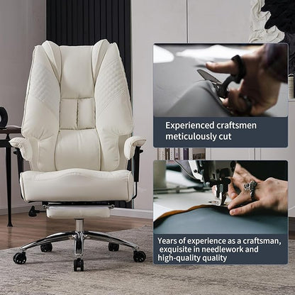 Big and Tall Office Chair 400lbs Wide Seat, Leather High Back Executive Office Chairs with Foot Rest, Ergonomic Lumbar Support for Lower Back Pain Relief (White)