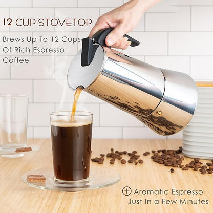 Mixpresso 12 Cup Greca Stovetop Espresso Pot 600ml/20oz, Moka Pot with Coffee Percolator Design, Stainless Steel Stove Top Coffee Maker for Camping or Home Use,Italian Stovetop Espresso Maker
