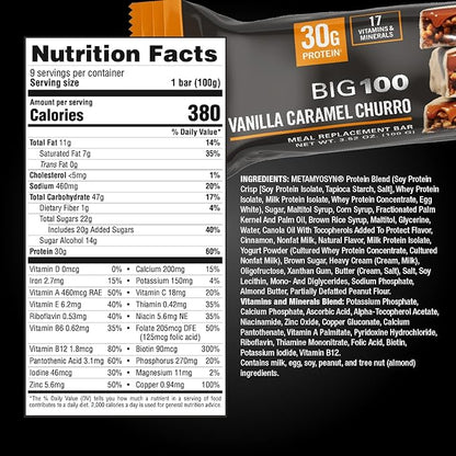 MET-Rx Big 100 Colossal Protein Bars, Vanilla Caramel Churro Meal Replacement Bars, Brown, 9 Count