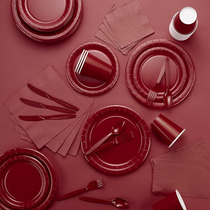 Burgundy Paper Dessert Plates, 6 3/4 Inches, Strong and Sturdy for Party, Dinner, Holiday, Picnic, Travel - Pack of 50
