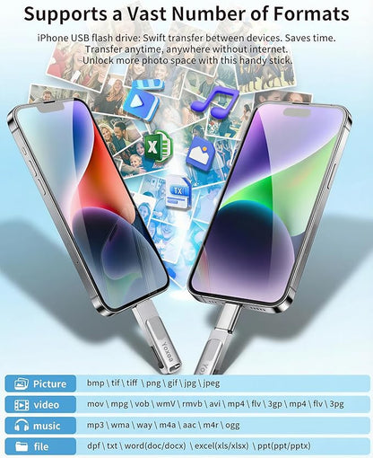 MFi Certified 512GB Flash Drive for iPhone & iPad, High-Speed Photo Stick for External Memory Storage, Backup & Transfer Files, USB Stick for iPhone/iPad/iOS/Android/PC (Available Space: ~484GB)Silver