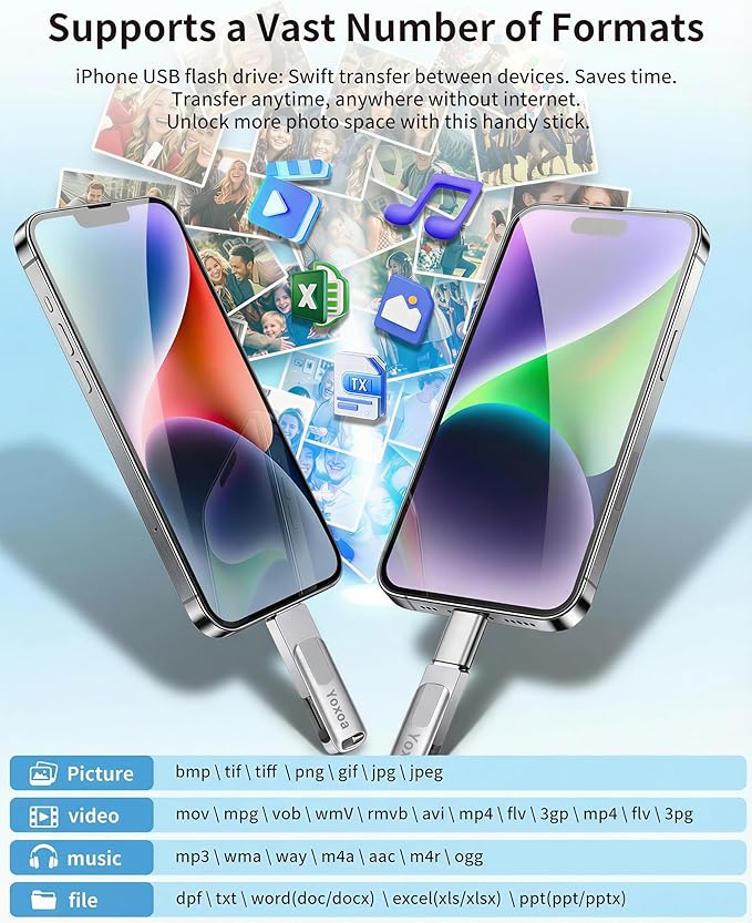 MFi Certified 256GB Flash Drive for iPhone & iPad, High-Speed Photo Stick for External Memory Storage, Backup & Transfer Files, USB Stick for iPhone/iPad/iOS/Android/PC (Available Space: ~244GB)Silver