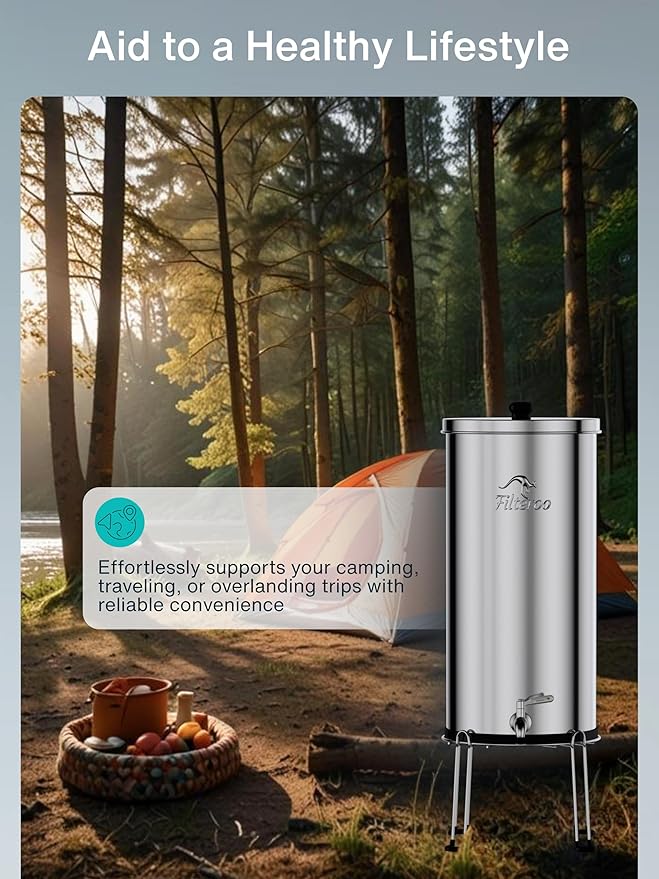 Countertop Gravity Water Filter System - 5.28 Gal/20L | 304 Stainless Steel | Gravity-Fed Water Purifier with 2 Fluoride & Chlorine Reduction Ceramic Cartridges | Also Removes Bacteria & Heavy Metals