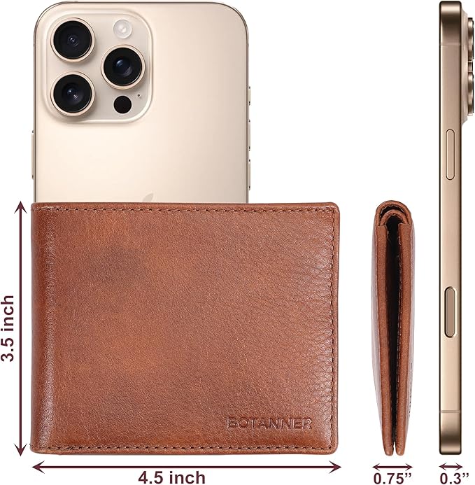 Genuine Leather Men’s Bifold Wallet | RFID Blocking, 8 Card Slots, 2 Bill Sections & 2 Extra Slots | Coffee brown