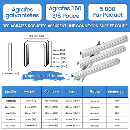 meite T50 Staples, 3/8 Inch Length Heavy Duty Staples for Staple Gun, Galvanized, 20 Gauge 3/8 Inch Crown, Compatible with T50 Staple Gun, Ideal for Upholstery, Construction, Furniture (5,000 Counts)