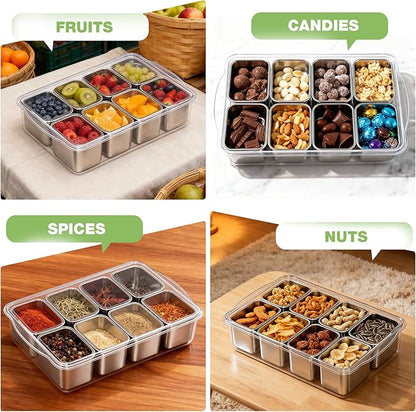 Snackle Box Container, 304 Stainless Steel Divided Serving Tray with Lid & Handle, Portable 8-Compartment Snack Organizer Box for Fruits, Veggies,Nuts & Candy,Dishwasher Safe for Travel,Picnic & Beach