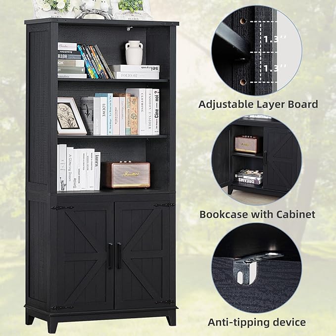 70in Tall Bookshelf 5 Tier Bookcase with Barn Doors and Adjustable Shelves, Black Farmhouse Book Shelf with Storage Cabinet, Wood Freestanding Display Bookshelves for Bedroom, Kitchen (2PCS)