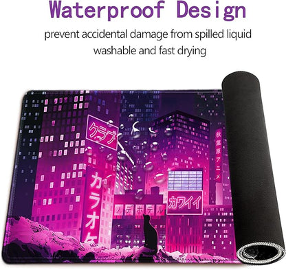 Gaming Laptop Mouse Pad,Sea Wave Big Mice Pads PC Keyboard Waterproof and Non-Slip 31.5" x 11.9" 0.12" Thick XL,XXL Rubber Table Mat, Purple Cyberpunk City Night View