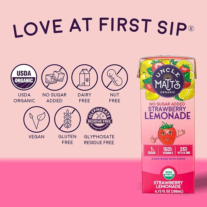 Uncle Matt’s No Sugar Added Strawberry Lemonade Organic Fruit Juice Box for Kids with Vitamin C, D, Zinc, Only 10 Calories, 32 pack of 6.75 oz Boxes