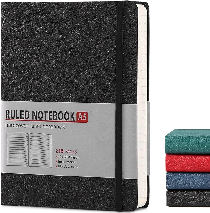 Lined Journal Notebook for Women Men 216 Pages A5 Hardcover Journals for Writing Daily Journaling Notebook for Work, School, Note Taking, Business, Travel Black