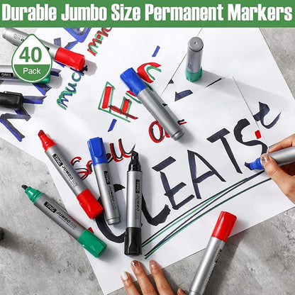 Cholemy 40 Pcs Jumbo Permanent Markers Bulk Large Chisel Tip Permanent Markers Quick Drying Pens for Office Teacher Supplies(Multicolor)