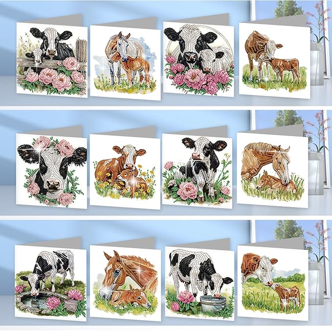 jinglinhh 12pcs Diamond Art Painting Flower Fence Cows Horses Greeting Cards with Envelopes, DIY Card Making Kits for Adults, Diamond Art Christmas Cards for Birthday Holiday Postcards Craft Gifts