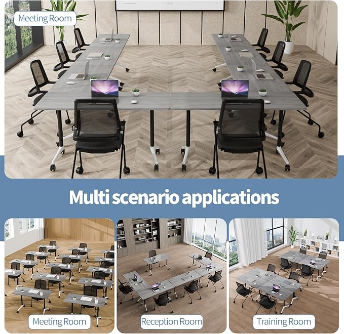 Conference Table, Foldable Conference Room Tables with Silent Wheels, Folding Modular Seminar Meeting Tables, Modern Rectangle Training Table for Office, Boardroom (10, Grey, 47.2)