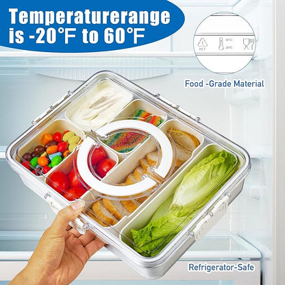 Bandesun Divided Serving Tray with Lid and Handle - Clear Organizer for Candy, Fruits, Nuts, Snacks - Snackle Box Charcuterie Container for Portable Snack Platters - Perfect for Party, Entertaining