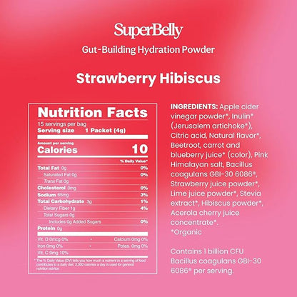 Blume SuperBelly Gut Health and On-The-Go Hydration Packets, GLP-1 Friendly, Sugar-Free, with Prebiotics, Probiotics, Apple Cider Vinegar, Vitamin C, and Electrolytes, Strawberry Hibiscus, 15 Sticks