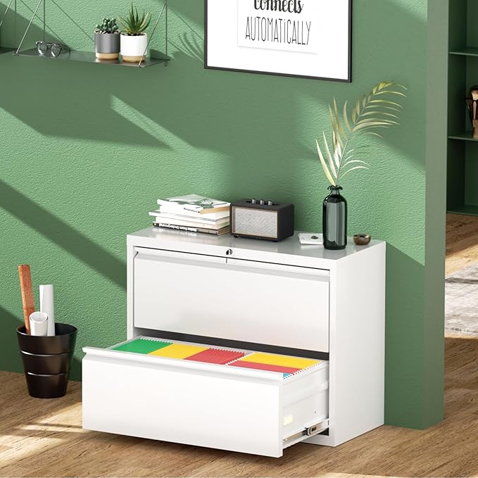 Greenvelly 2 Drawer Filing Cabinet, White Lateral File Cabinet with Lock, Metal File Cabinets with Adjustable Hanging Bars&2 Keys, Locking File Cabinet for Home Office, Legal/F4/Letter, Etc