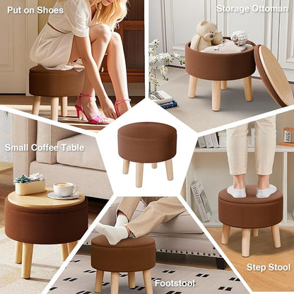 Poofzy Small Ottoman with Storage, Small Foot Stool Ottoman with Wood Legs, Velvet Foot Rest for Couch, Living Room and Bedroom - Brown