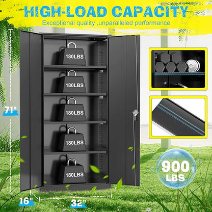 Pataku 71'' Metal Storage Cabinet, Garage Storage Cabinet with 2 Doors and 4 Adjustable Shelves, Steel Lockable Storage Cabinet, Black File Cabinets for Home, Office, Warehouse